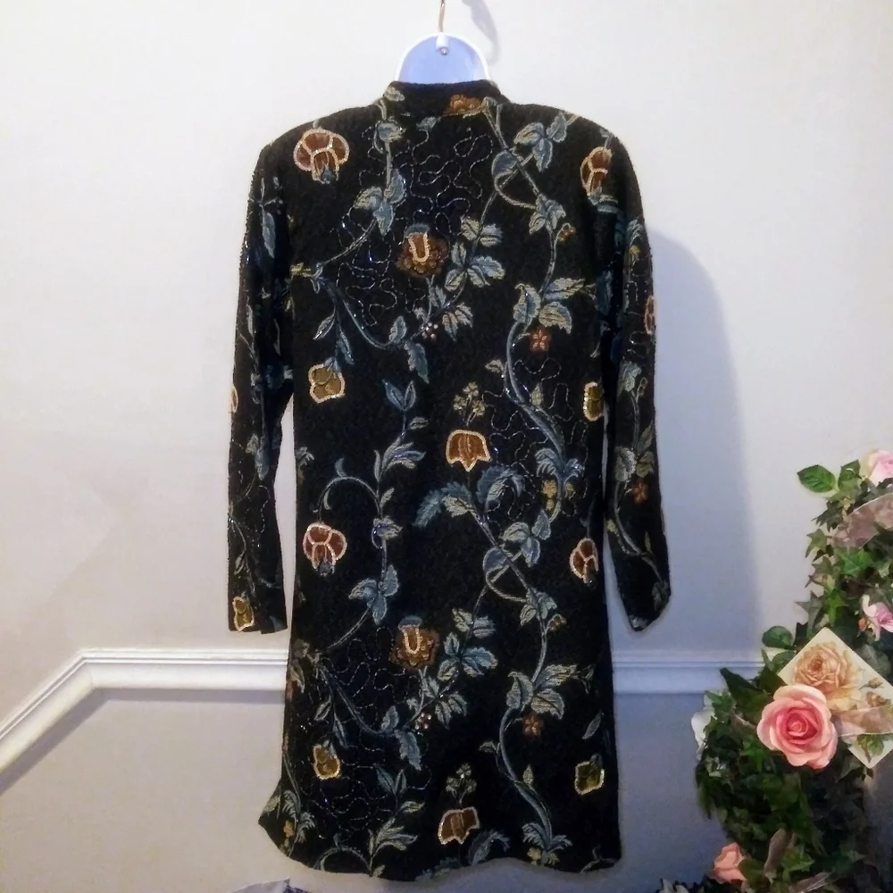 Indigo Moon Boho Beaded & Sequinned Black/Multi Long Floral Brocade Coat - Picture 8 of 12